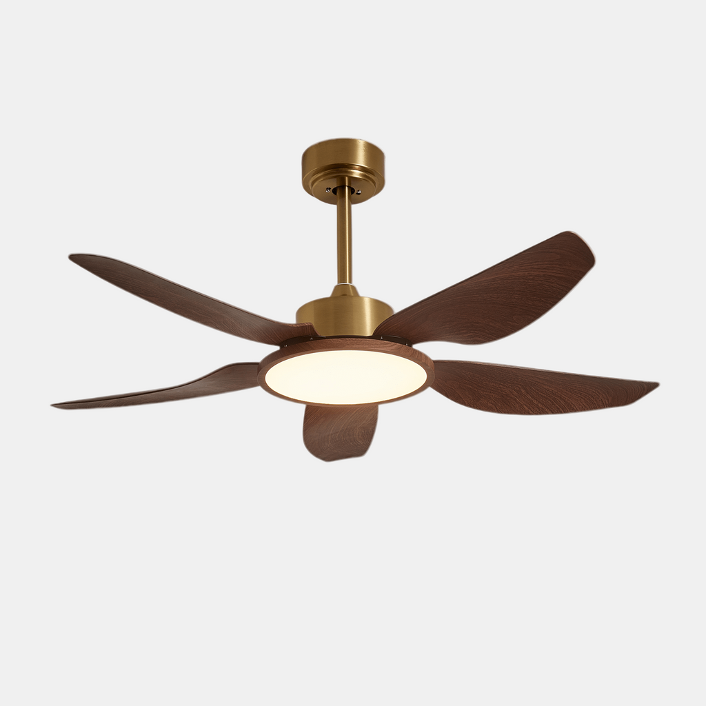 Modern Ceiling Fan with Lights – Elegant Brass Finish and Walnut Blades 0