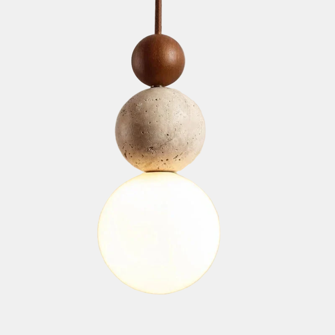 Modern Natural Pendant Light with Warm Ambience-*Moderne Travertijn en Mahonie Hanglamp - NaturaLuxe-Unique Casa-Cream-White-Walnut-Unique Casa