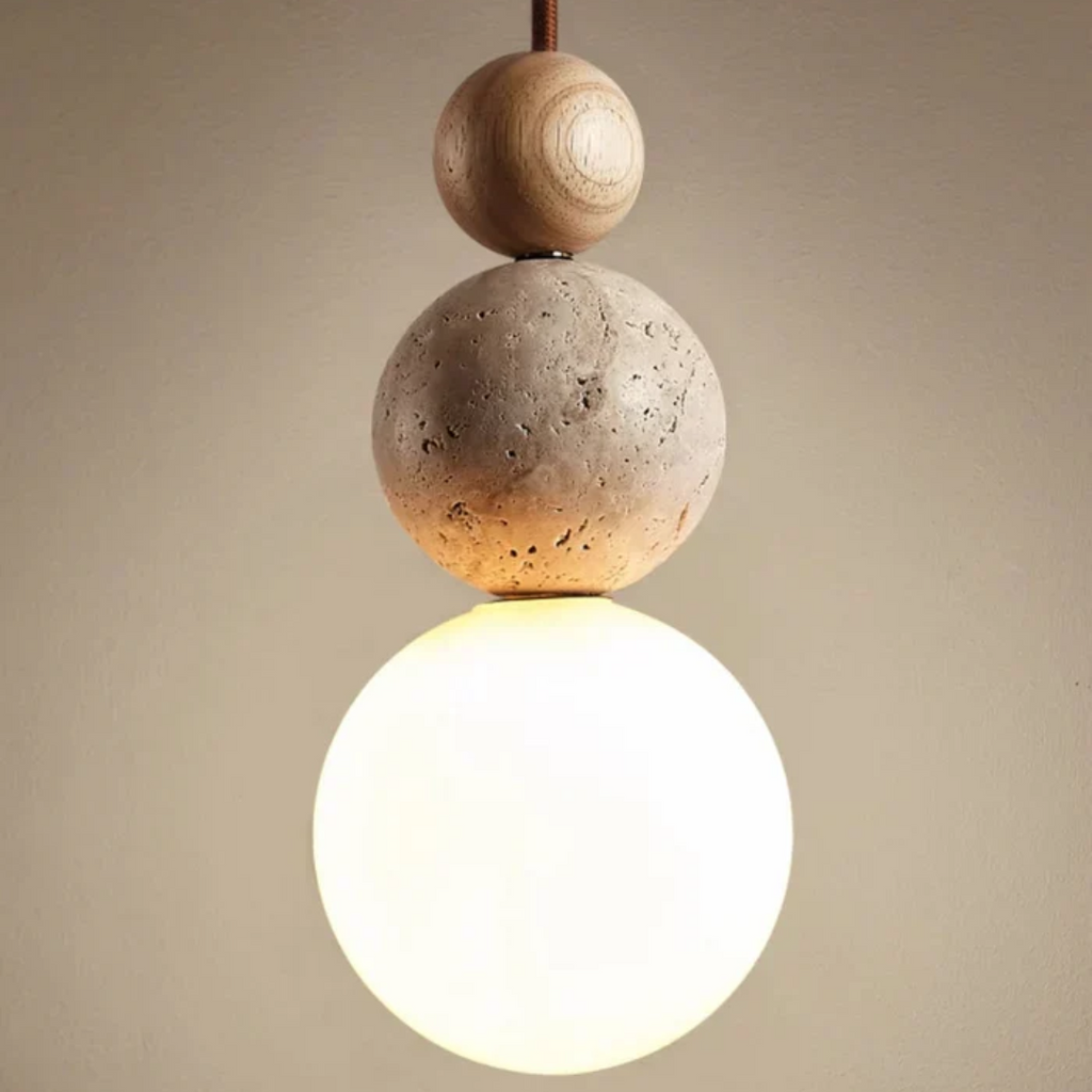 Modern Natural Pendant Light with Warm Ambience-*Moderne Travertijn en Mahonie Hanglamp - NaturaLuxe-Unique Casa-Cream-White-Wood-Unique Casa