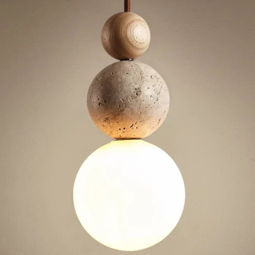Modern Natural Pendant Light with Warm Ambience-*Moderne Travertijn en Mahonie Hanglamp - NaturaLuxe-Unique Casa-Cream-White-Wood-Unique Casa