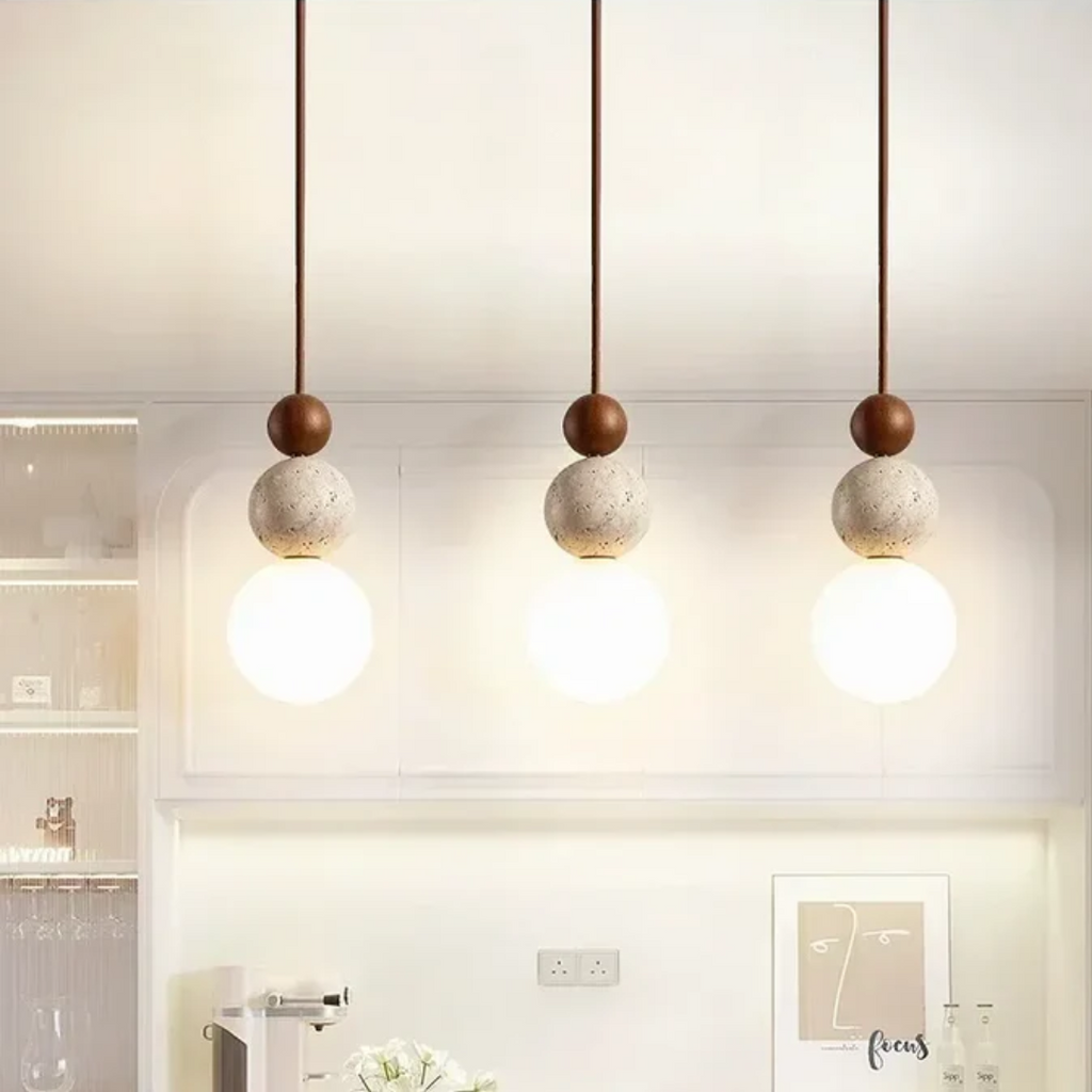 Modern Natural Pendant Light with Warm Ambience-*Moderne Travertijn en Mahonie Hanglamp - NaturaLuxe-Unique Casa-Unique Casa