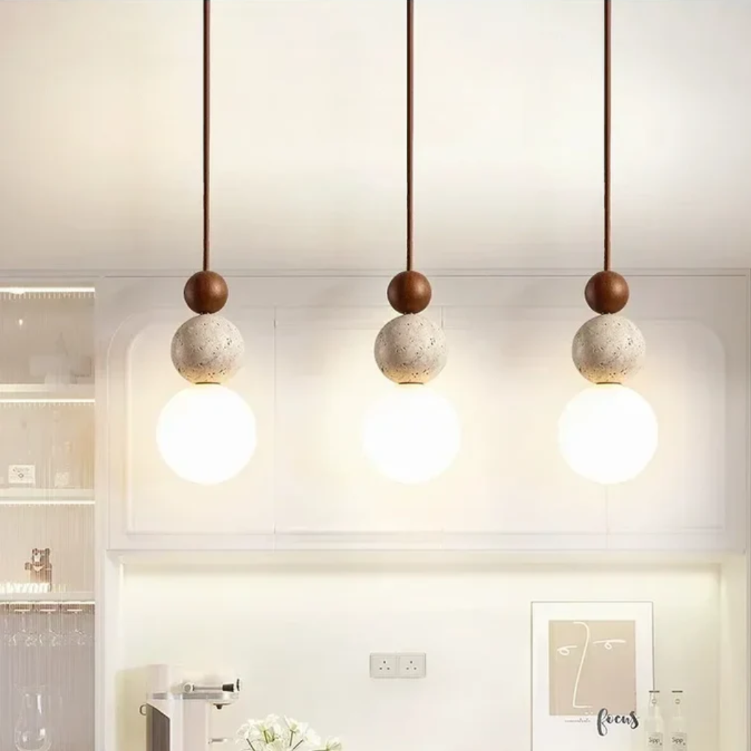 Modern Natural Pendant Light with Warm Ambience-*Moderne Travertijn en Mahonie Hanglamp - NaturaLuxe-Unique Casa-Unique Casa