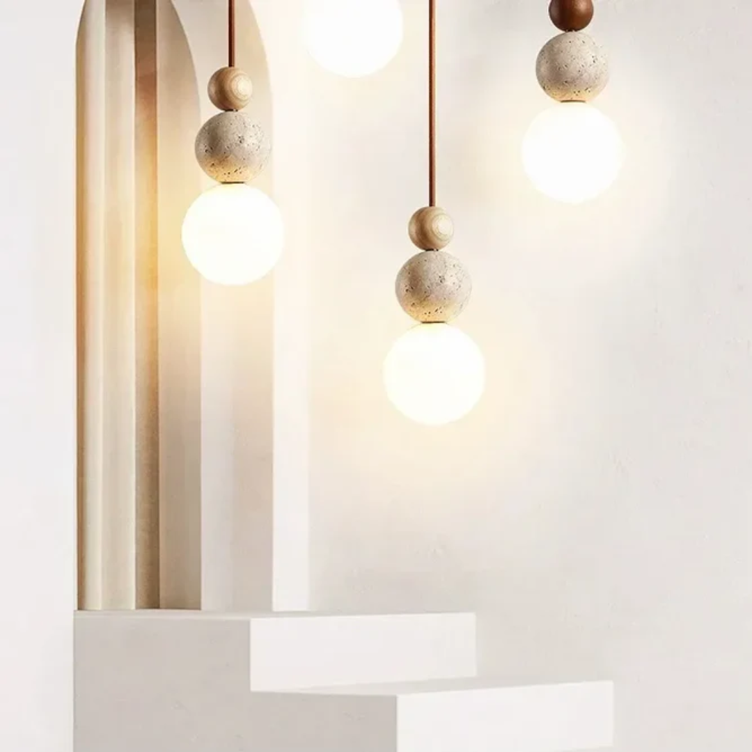 Modern Natural Pendant Light with Warm Ambience-*Moderne Travertijn en Mahonie Hanglamp - NaturaLuxe-Unique Casa-Unique Casa
