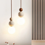 Modern Natural Pendant Light with Warm Ambience-*Moderne Travertijn en Mahonie Hanglamp - NaturaLuxe-Unique Casa-Unique Casa