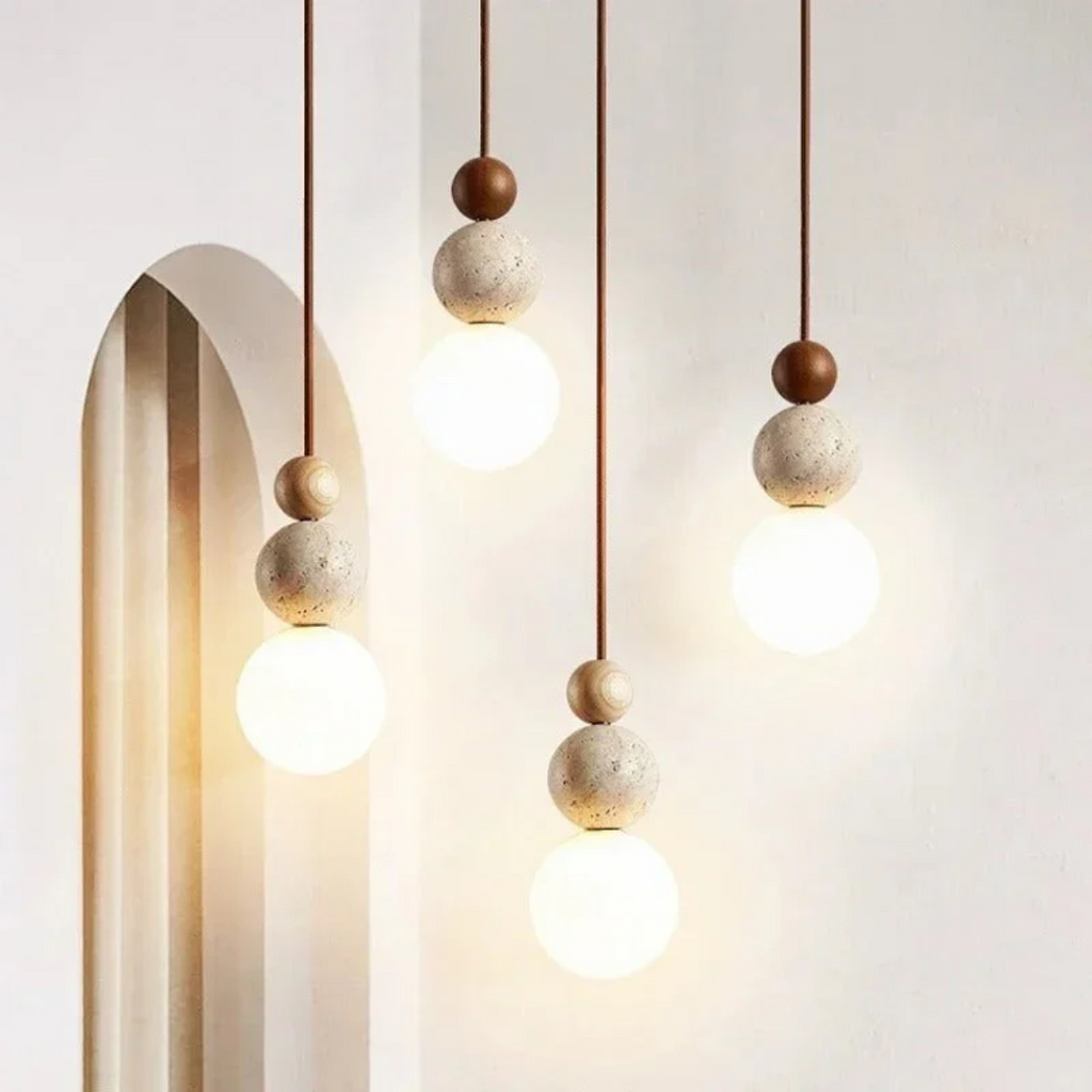 Modern Natural Pendant Light with Warm Ambience-*Moderne Travertijn en Mahonie Hanglamp - NaturaLuxe-Unique Casa-Unique Casa