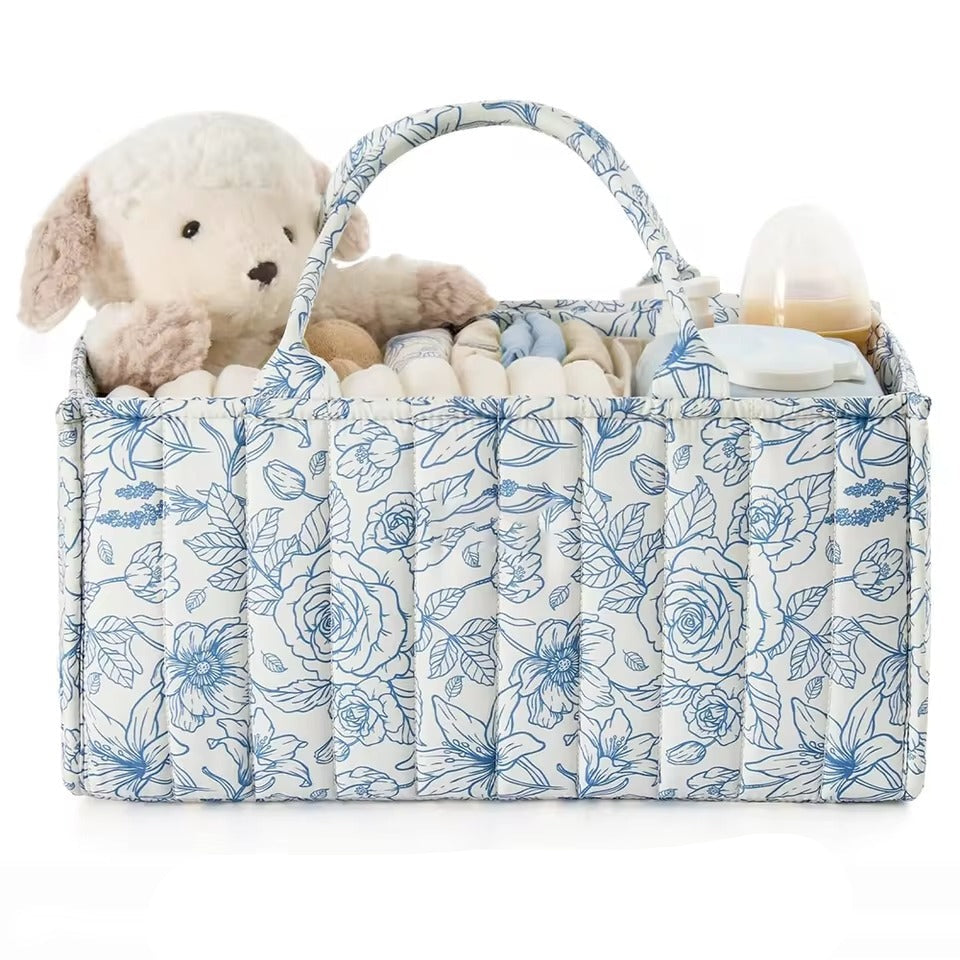 Multifunctional Baby Nappy Caddy Storage Basket with Handles-Baby & Children-Unique Casa-Blue Flowers-Unique Casa