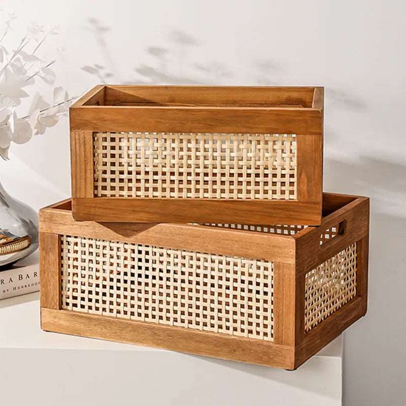 Natural Rattan Solid Wood Storage Box Organizer – Stylish Home and Office Storage Solution-Storage & Organisation-Unique Casa-Large (35x25x16cm)-Unique Casa