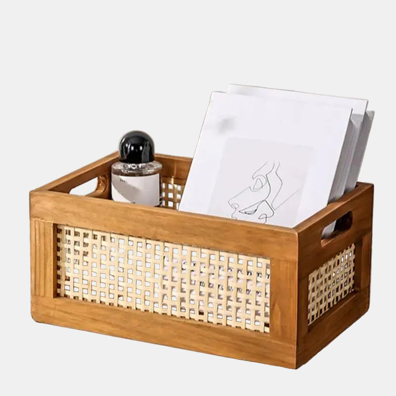 Natural Rattan Solid Wood Storage Box Organizer – Stylish Home and Office Storage Solution-Storage & Organisation-Unique Casa-Small (30x20x14cm)-Unique Casa