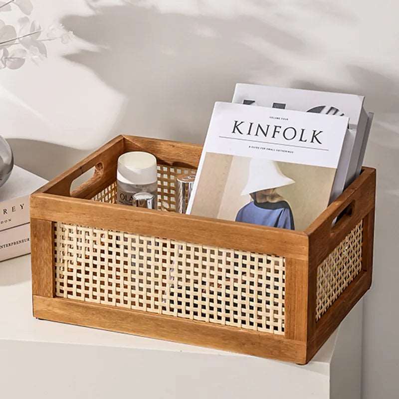 Natural Rattan Solid Wood Storage Box Organizer – Stylish Home and Office Storage Solution-Storage & Organisation-Unique Casa-Unique Casa