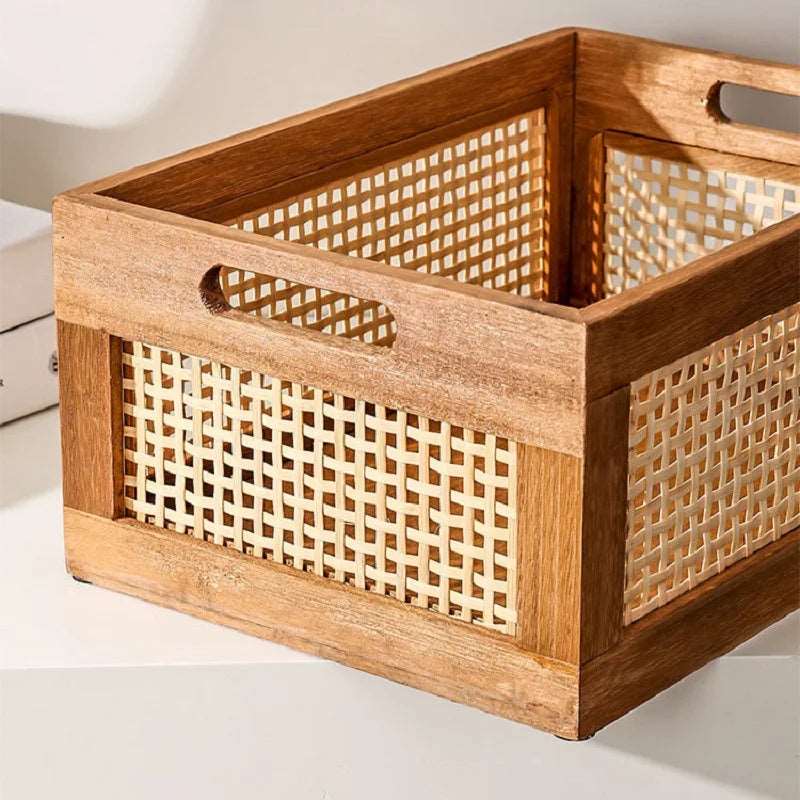 Natural Rattan Solid Wood Storage Box Organizer – Stylish Home and Office Storage Solution-Storage & Organisation-Unique Casa-Unique Casa