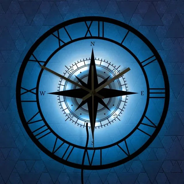 Nautical Compass Wall Clock – Vintage Maritime Design for Living Room and Kitchen-Wall Clocks-Unique Casa-7 color LED-Unique Casa