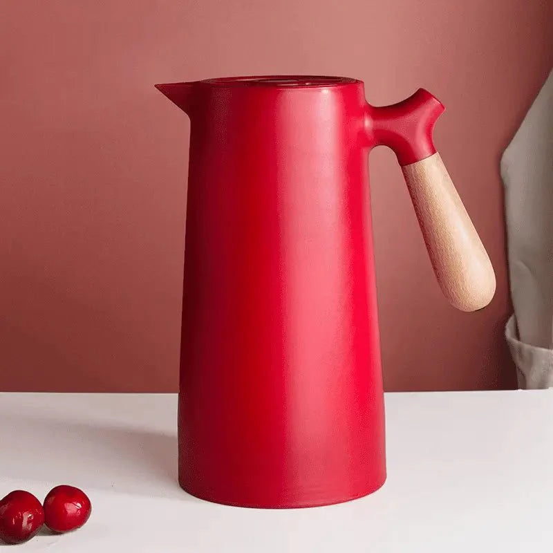 Nordic Thermal Jug with Wooden Handle – Stylish Hot and Cold Beverage Carafe-Coffee & Tea-Unique Casa-Red-Unique Casa