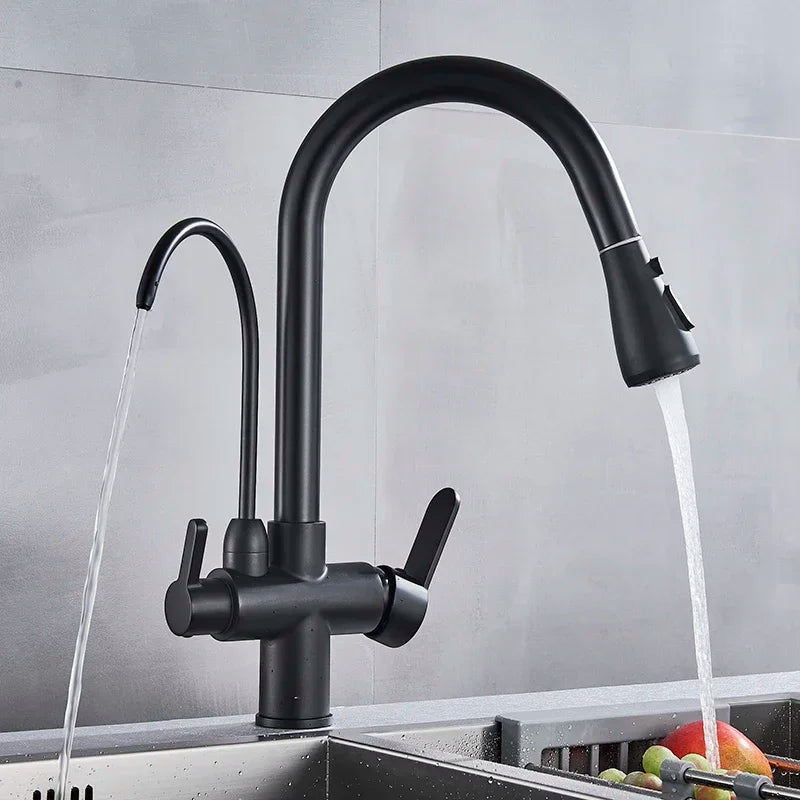 Pull Out Kitchen Faucet – Modern Black Tap with Double Handle for Sinks 1