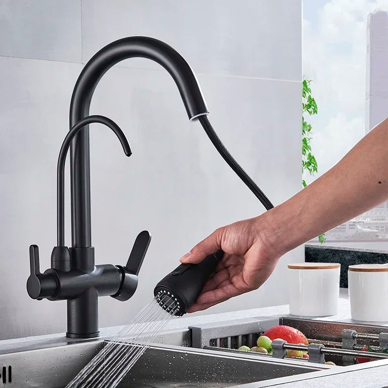 Pull Out Kitchen Faucet – Modern Black Tap with Double Handle for Sinks 2