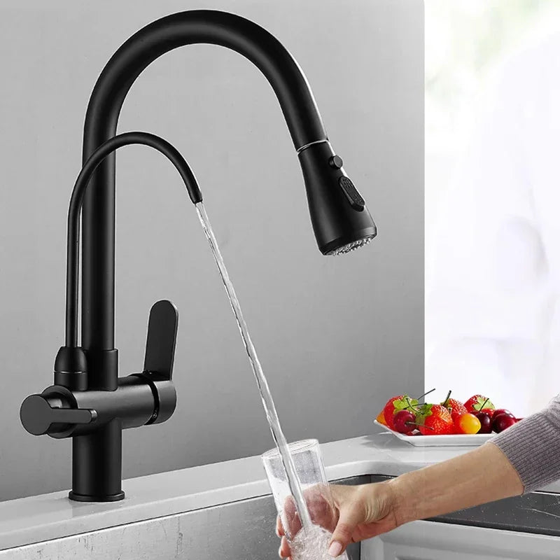 Pull Out Kitchen Faucet – Modern Black Tap with Double Handle for Sinks 3
