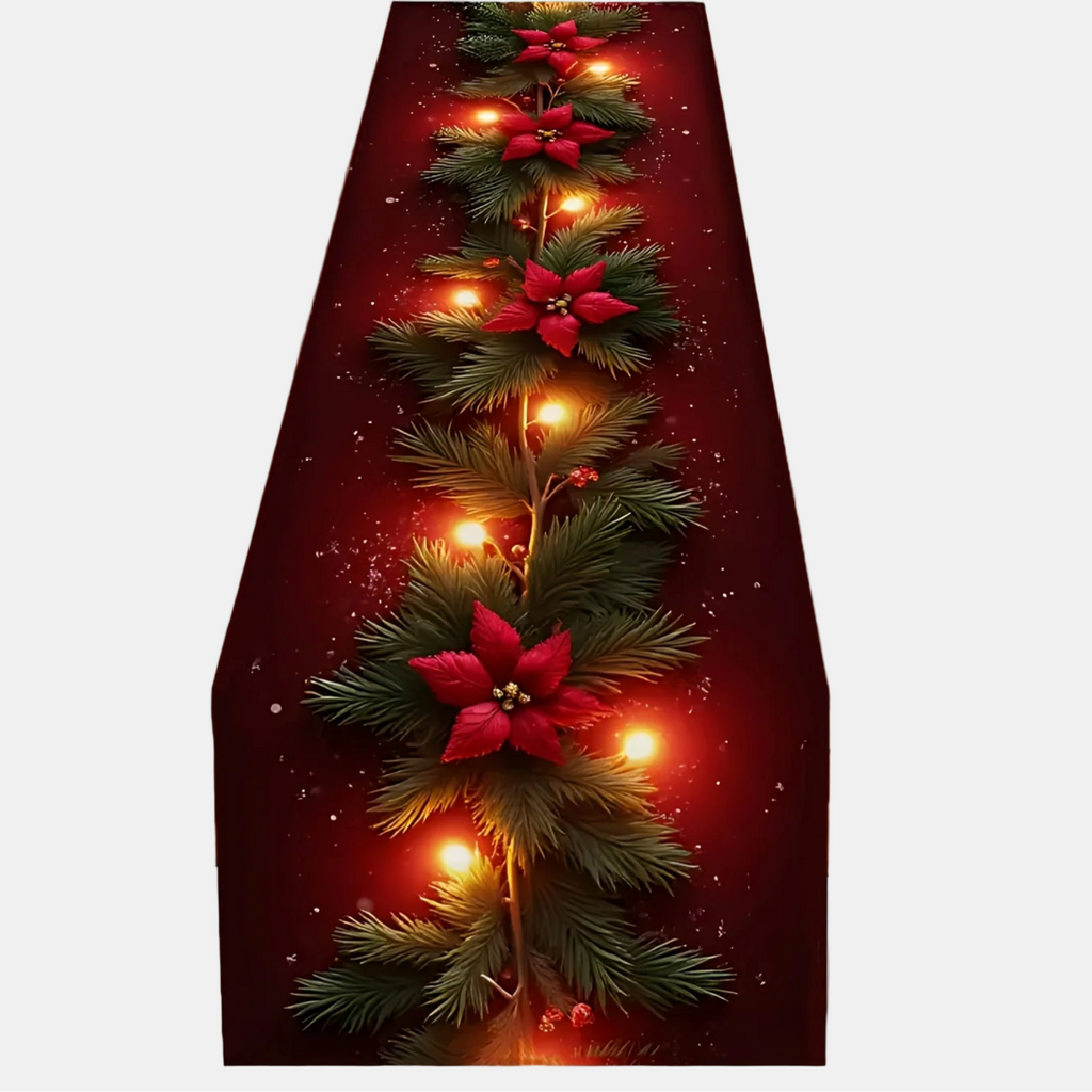 Red Christmas Table Runner with Poinsettia Design – Festive Holiday Decor 0