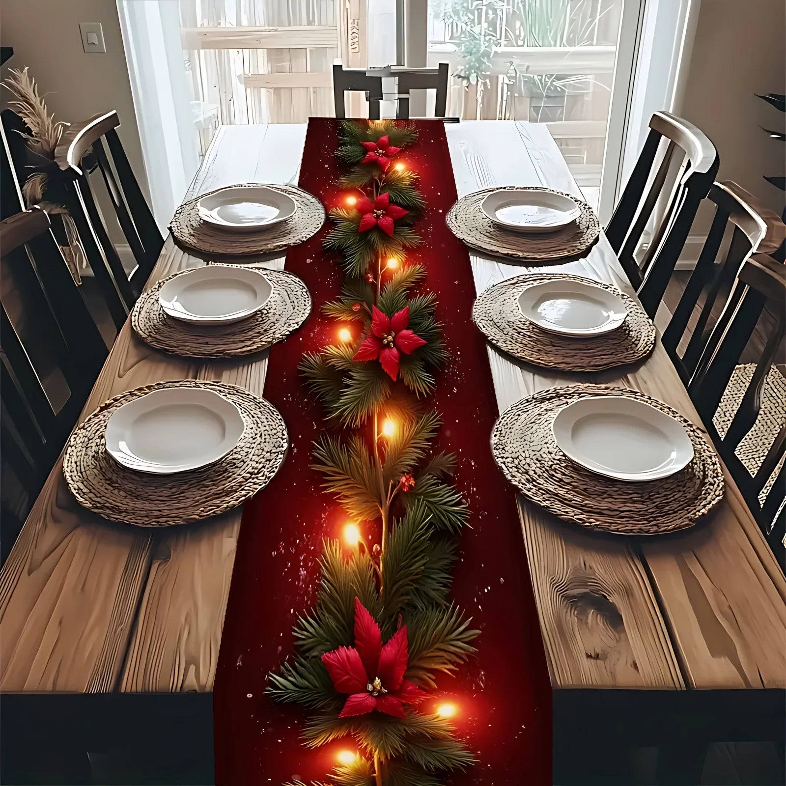 Red Christmas Table Runner with Poinsettia Design – Festive Holiday Decor 1