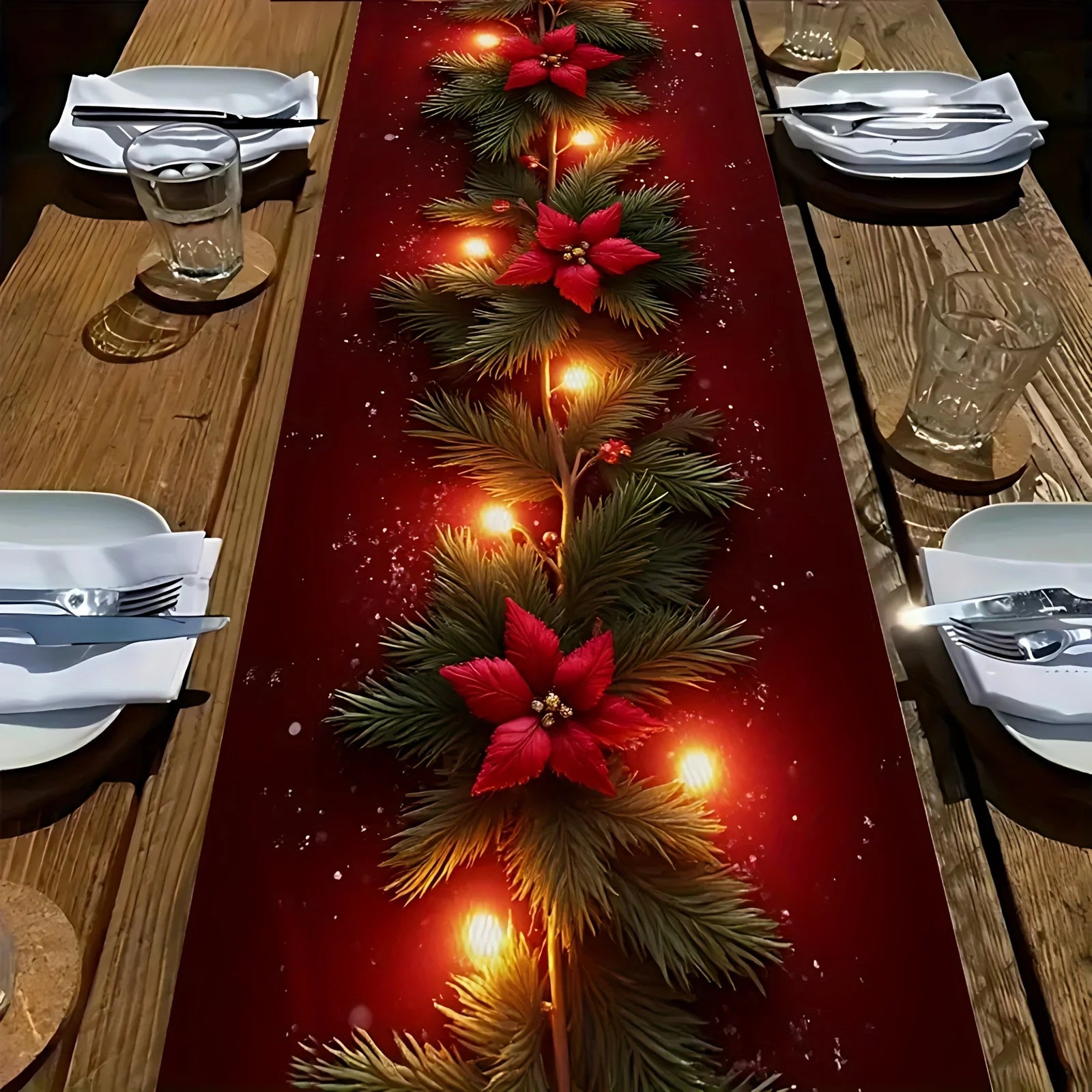 Red Christmas Table Runner with Poinsettia Design – Festive Holiday Decor 4