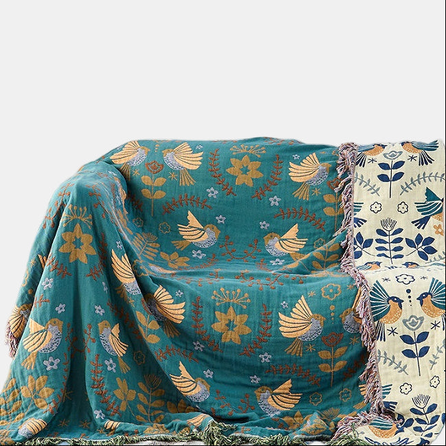 Reversible Throw Blanket with Bird and Floral Patterns – Cozy Nordic Decor 0