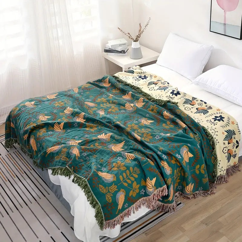 Reversible Throw Blanket with Bird and Floral Patterns – Cozy Nordic Decor 3