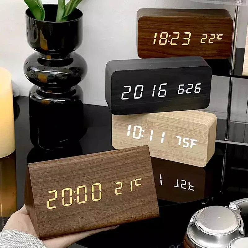 Smart Digital Alarm Clock with LED Display – Wooden Design for Bedroom 1