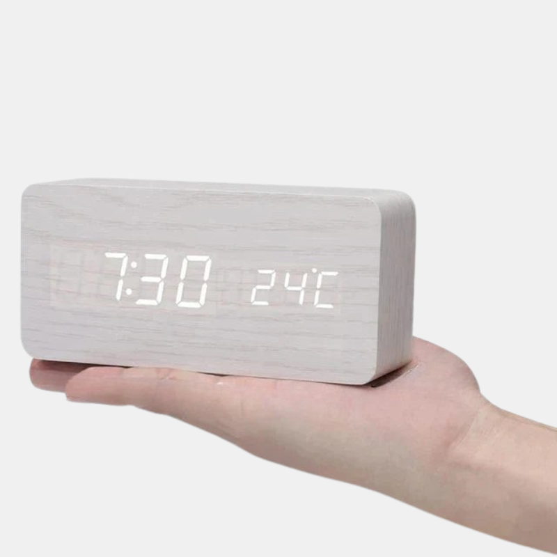 Smart Digital Alarm Clock with LED Display – Wooden Design for Bedroom-Clocks-Unique Casa-White-beam-shaped-Unique Casa
