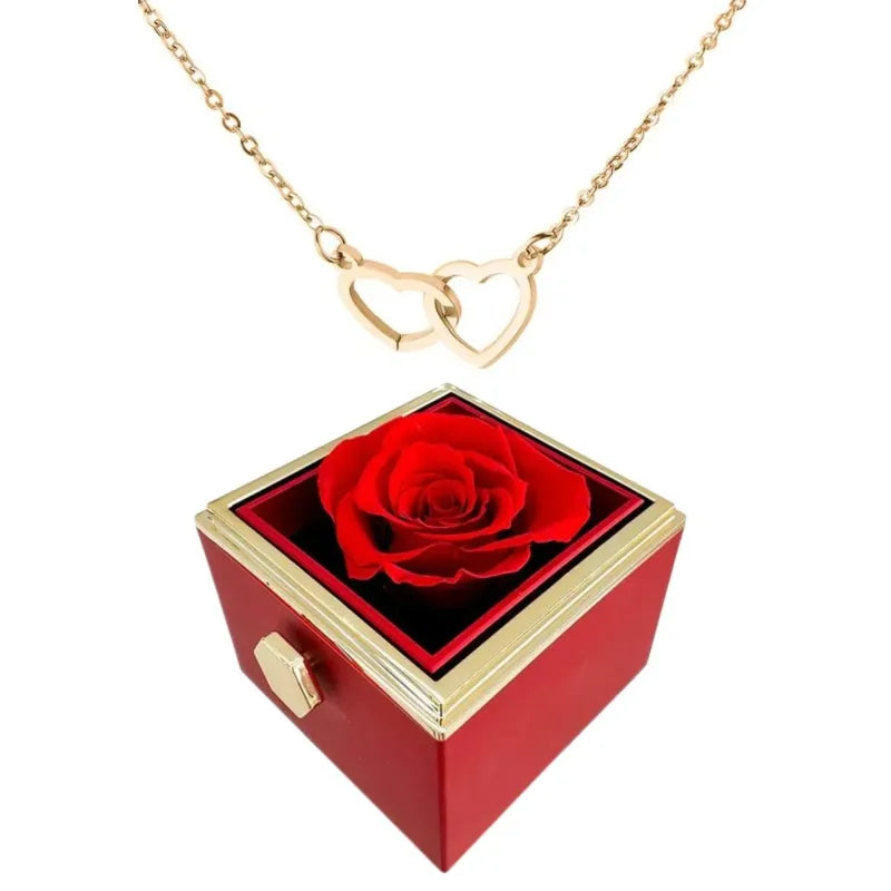 Two Heart Necklace with Rotating Rose – A Symbol of Eternal Love-Necklace-Unique Casa-Gold-Necklace + Rotating rose gift box-Unique Casa