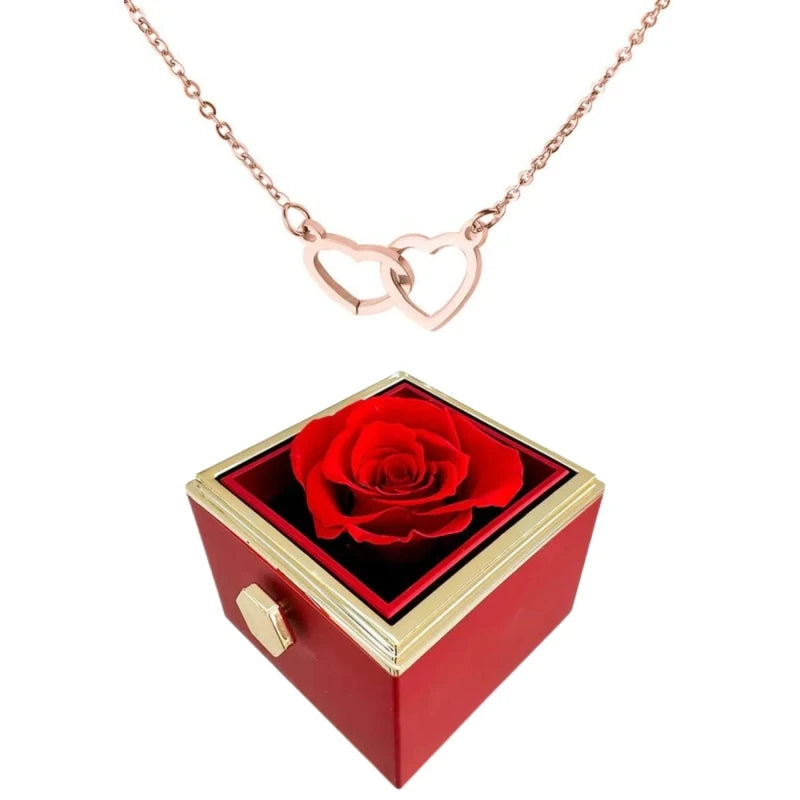 Two Heart Necklace with Rotating Rose – A Symbol of Eternal Love-Necklace-Unique Casa-Rose Gold-Necklace + Rotating rose gift box-Unique Casa