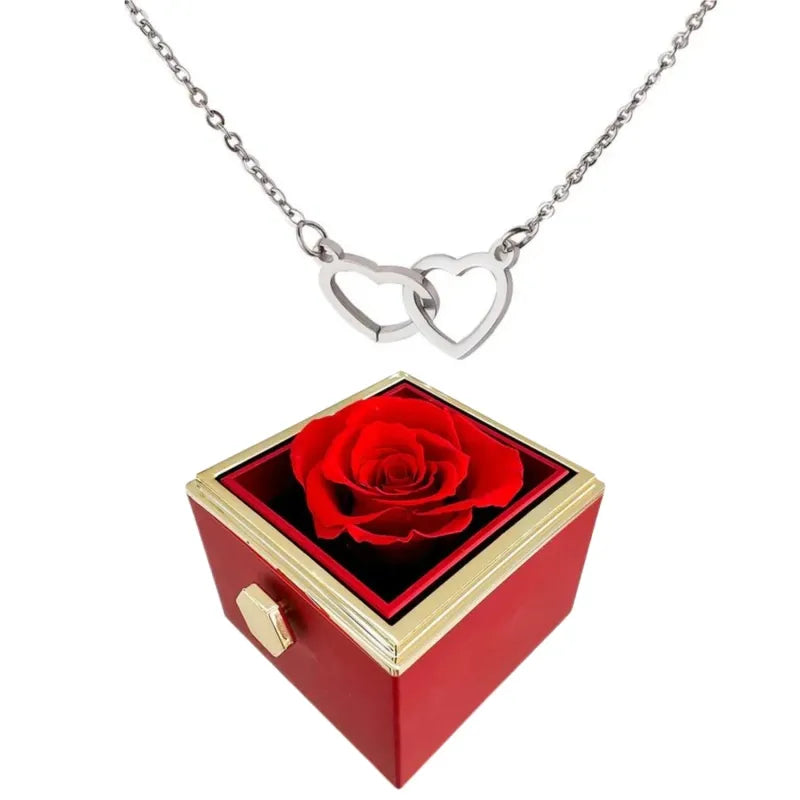 Two Heart Necklace with Rotating Rose – A Symbol of Eternal Love-Necklace-Unique Casa-Silver-Necklace + Rotating rose gift box-Unique Casa