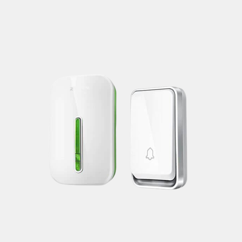 White doorbell components on a light gray background