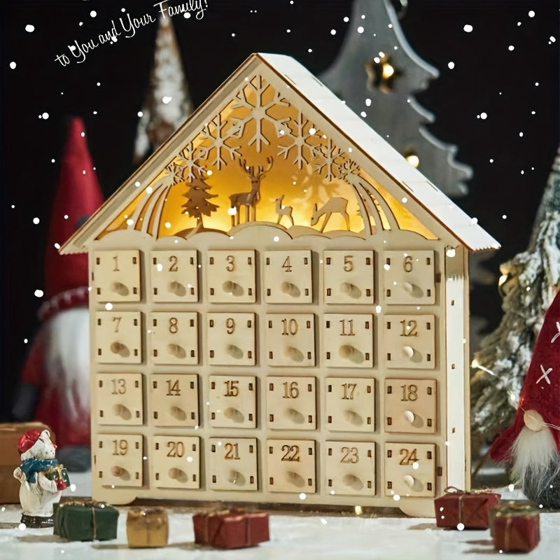 Wooden Advent Calendar with LED Light – Charming Holiday Countdown Decor 0