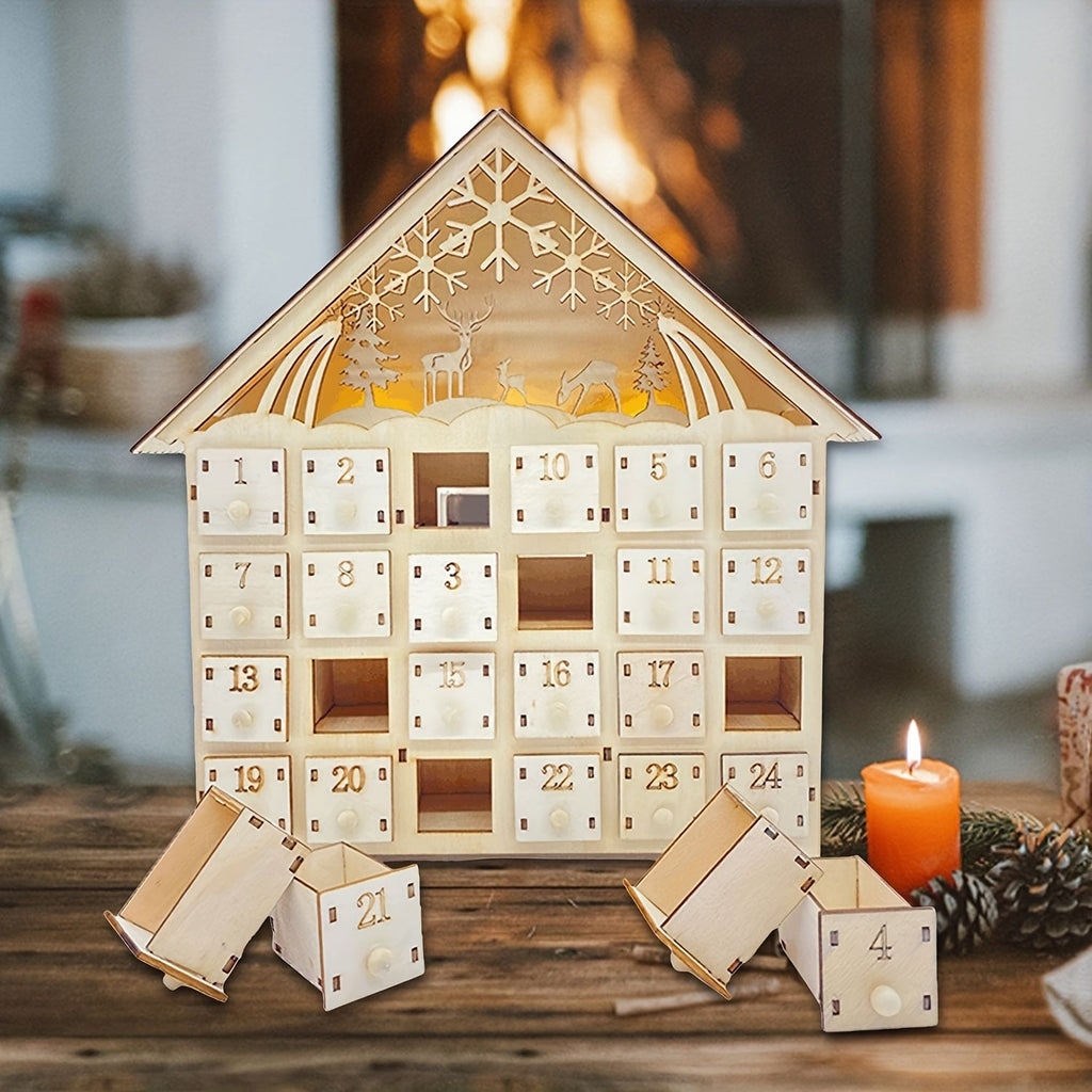 Wooden Advent Calendar with LED Light – Charming Holiday Countdown Decor 4