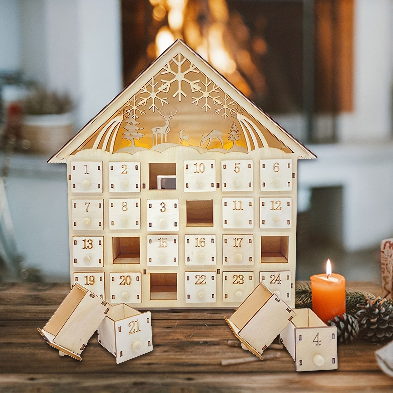 Wooden Advent Calendar with LED Light – Charming Holiday Countdown Decor 4